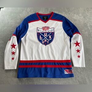 RUE 21 Worldwide Luxury Hockey Jersey Mens S Embroidered Chest Crest Blue Red